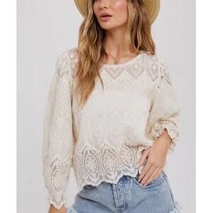 Bluivy Scallop Hem Embroidery Lace Blouse Women's Large Ivory Boho Hippie Dainty